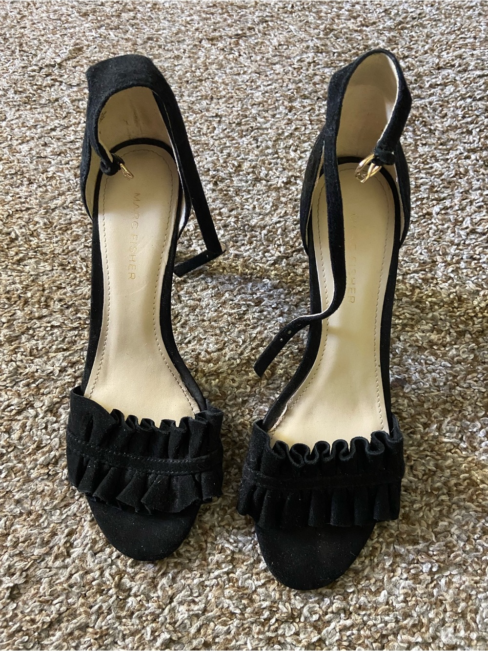 Marc Fisher Black Ruffle Open-Toe Ankle Strap Heels